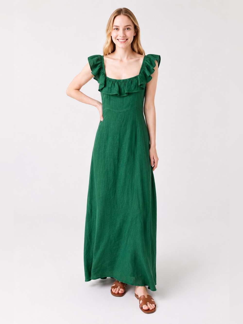 Honorine Colette 100% linen maxi dress in green